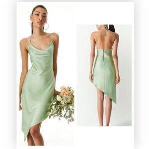 Alice + Olivia Harmony Assymetric Satin Slip Dress in Light Sage NWT $395